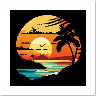 Serene Summer Vibes: Coconut Trees and Seagulls by the Beach Posters and Art